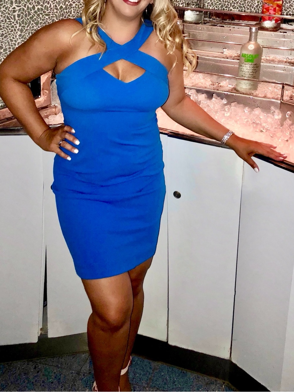 Vince Camuto Women’s Blue Cross-Neck Bodycon Dress